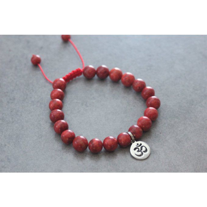 Bracelet perles corail rouge et breloque soleil en acier inoxydable