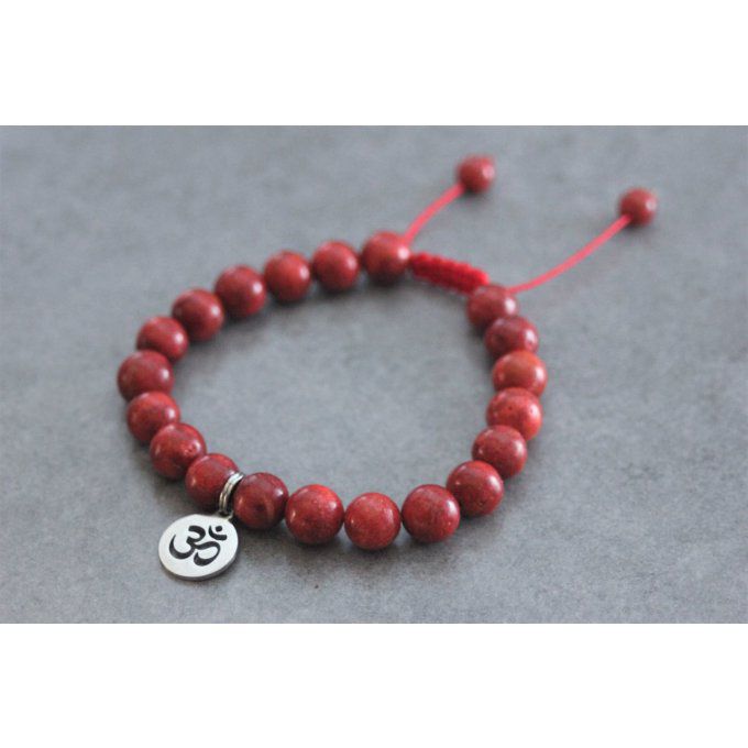 Bracelet perles corail rouge et breloque soleil en acier inoxydable