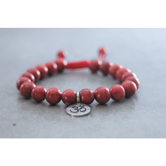 Bracelet perles corail rouge et breloque soleil en acier inoxydable