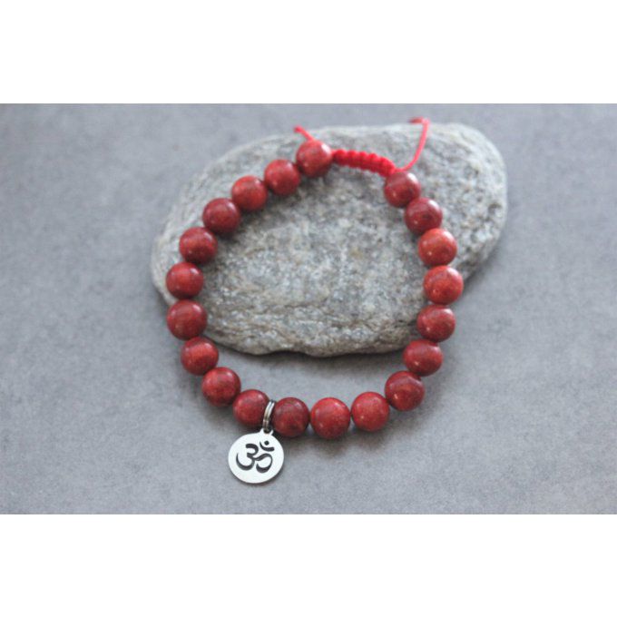 Bracelet perles corail rouge et breloque soleil en acier inoxydable