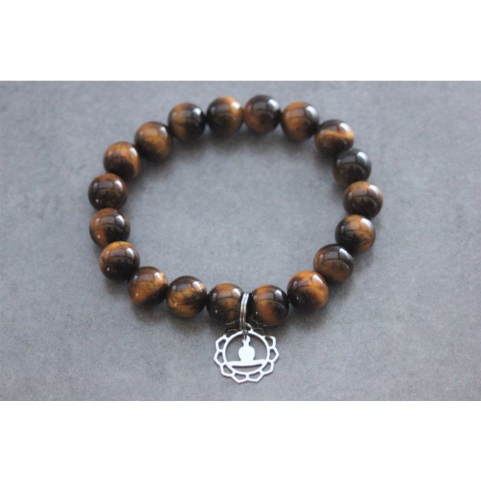 Bracelet perles oeil de tigre et breloque bouddha en acier inoxydable