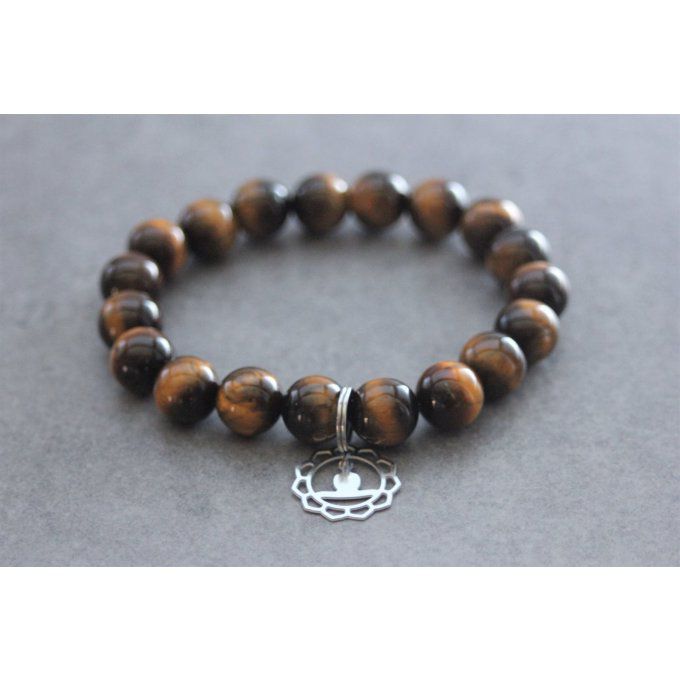 Bracelet perles oeil de tigre et breloque bouddha en acier inoxydable