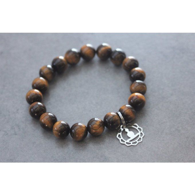 Bracelet perles oeil de tigre et breloque bouddha en acier inoxydable