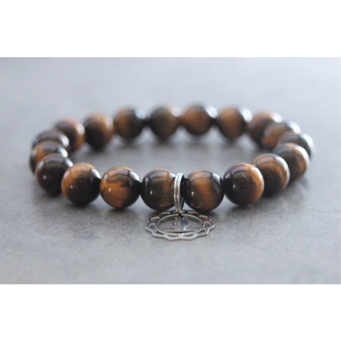 Bracelet perles oeil de tigre et breloque bouddha en acier inoxydable