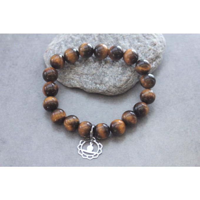 Bracelet perles oeil de tigre et breloque bouddha en acier inoxydable