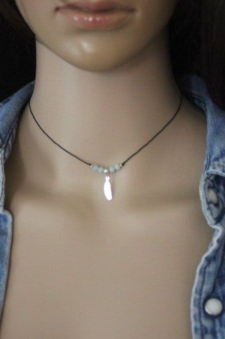 Collier perles amazonite et argent massif pendentif plume